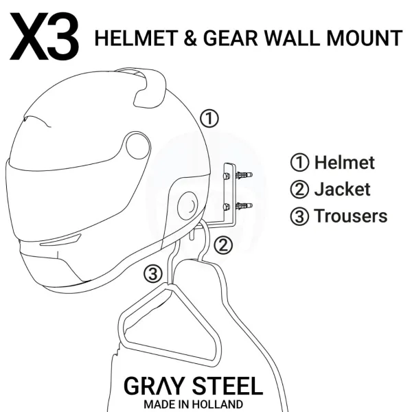 Gray Steel Cadeaus Voor Motorrijders|Helm Houder & Kapstok-X3 Helmet & Gear wall mount Gun Metal